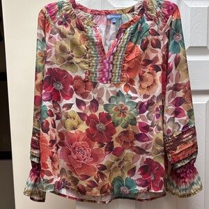Democracy brand blouse sheer watercolor floral with poet sleeves. Small EUC